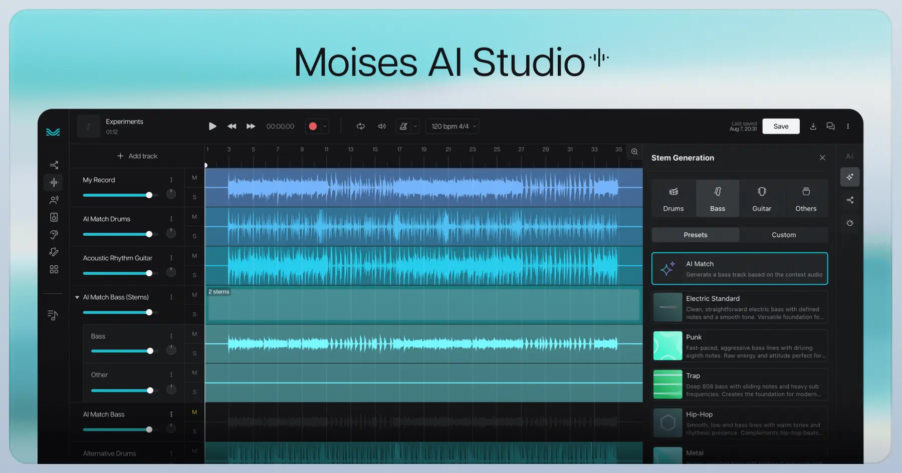 Moises AI Studio revoluciona la creación musical con IA. Genera pistas completas desde ideas simples, incluye mezcla automática y masterización profesional.